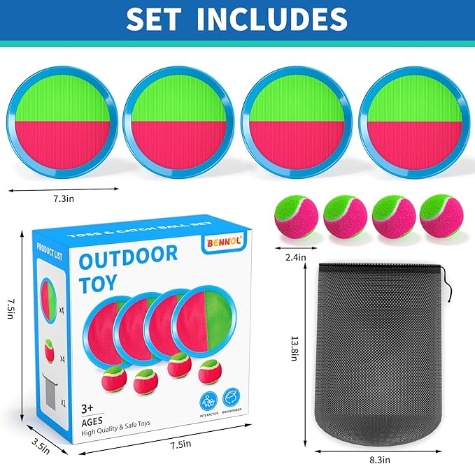 Bennol Toss and Catch Ball Game for Kids, 4 Paddles, 4 Balls & Storage Bag, Outdoor Toys for Ages 3-10, Yard Backyard Beach Games