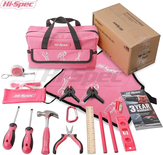 Hi-Spec 18pc Pink Kids Tool Kit Set & Child Size Tool Bag. Real Kit for DIY Building, Woodwork & Construction