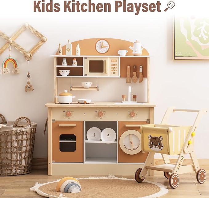 ROBUD Wooden Play Kitchen for Kids Toddlers, Kids Kitchen Playset with Realistic Accessories, Toy Kitchen Set with Plenty of Play Features, Modern Style Toy Kitchen for Girls & Boys, 3+, Caramel