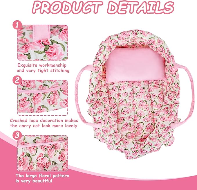 Doll Carry Cot Set, Sweet Dreams Soft Bassinet Doll Carrier Includes 1 Cot and 1 Pillow, Pink Flower Doll Bassinet, Fits for 16 Inch American Girl Dolls