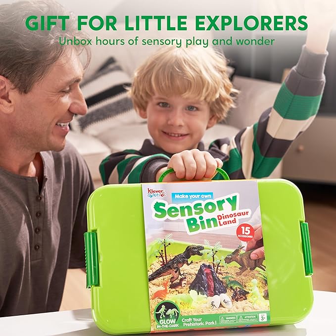 Klever Kits Dinosaurs Sensory Bin Toys for Toddlers with Glow in The Dark Dinosaurs, Sandbox with Lid Sand, Preschool Learning Activities Gifts for Boys Girls Age 3+