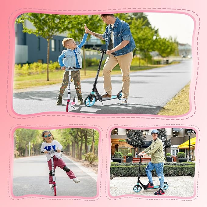 Scooter for Kids Ages 8+ Teens & Adults, Lightweight Kick Scooter with Carry Strap Adjustable Height Equipped with Front handbrake and Rear Brake, Big Sturdy PU Flash Wheels Great Gift & Toy