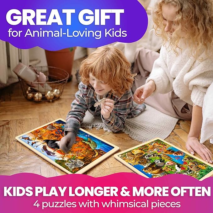 QUOKKA 4SET Puzzles for Kids Ages 4-6 - 36 Pcs Wooden Realistic Montessori Puzzles Ages 3-5 - Polar & Tropical Regions, Yellowstone & Australian Animals Learning Games for Boys and Girls 4-8 Year Old