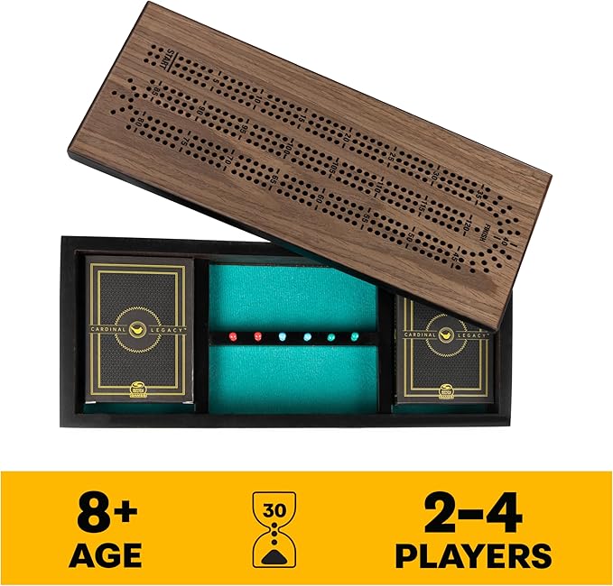 Spin Master Games Legacy Deluxe Cribbage Classic Game with Lined Wooden Case and Colored Metal Movers, Family Game for 2 to 4 Players Ages 8 and up