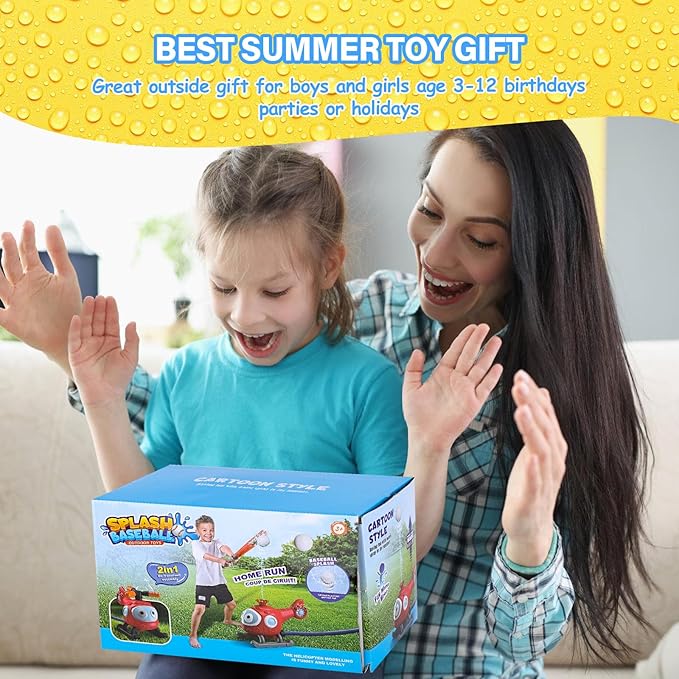 2 in 1 Outdoor Water Toys, Sprinkler for Kids Helicopter Tee Ball Set Kids Water Toys, Toddler Summer Toys Backyard Games for Kids Ages 3-12, Baseball Gifts Outside Toys for Toddlers Boys, Girls