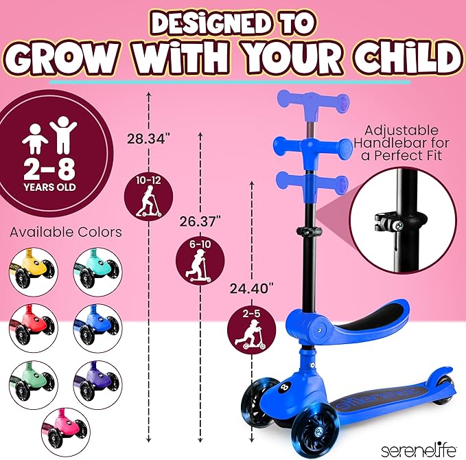 SereneLife 3 Wheel Foldable Kids Scooter - Foldable Seat, LED Wheel Lights, Adjustable Handlebar, Rear Foot Brake, Lean-to-Steer, Anti-Slip Deck, Ideal for Toddlers Kids 3+, up to 110Lbs