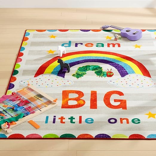 Eric Carle "The Very Hungry Caterpillar Elementary Dream Big Little One Kids Machine Washable Area Rug, White/Grey, 4'11"x6'6"