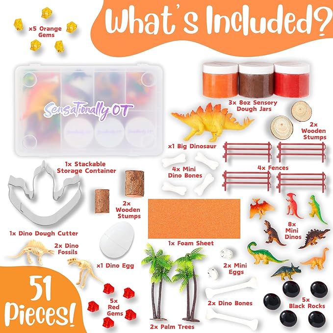 Dinosaur Sensory Dough Kit (3 Jars) Non-Toxic Dough with Dinosaur Cutters, Fossils, Mini Figures, Eggs, Palm Trees, Rocks & Wooden Stumps - Perfect Creative Play & Gifts for Kids