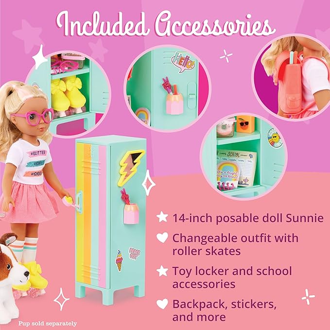 Glitter Girls – 14-Inch Poseable Doll Set – Blonde Hair & Green Eyes – School Locker, Roller Skates & Accessories – Toys for Kids 3 Years+ – Sunnie & GG School Locker Playset