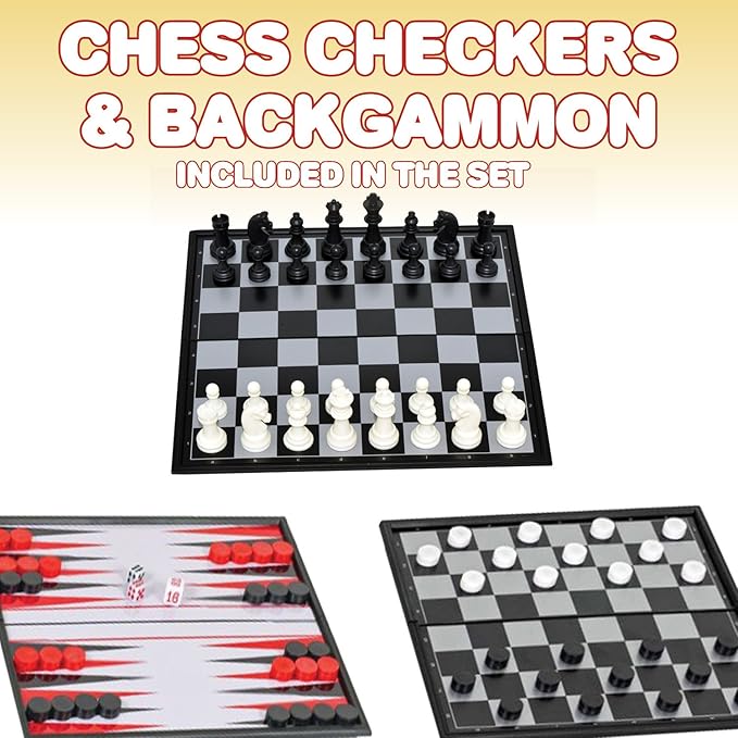 Gamie 6-in-1 Dice Cube Game Set Board Game and Casino Set–Includes Chess, Checkers and Backgammon, 2 Decks of Playing Cards, Poker Chips, Poker Dice and Dominoes-Complete Kit for Family Fun