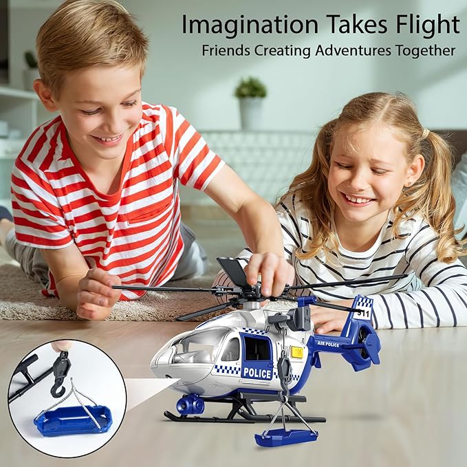 Wenbeier Police Helicopter Toys for Boys with Hanging Basket Toy Airplane Army Toys with Lights and Sound Rescue Vehicles Toys for Kids Aged 3 4 5 6 7