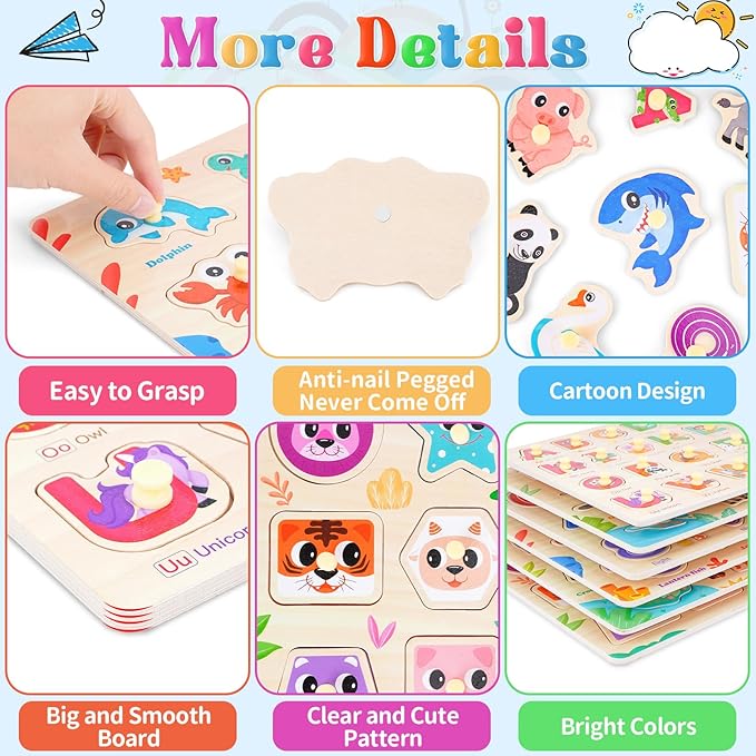 Toddler Puzzles Montessori Toys for 3 4 5 Years Old, 6 PCS Wooden Puzzles for Kids Ages 4-6 - Learning Alphabet, Numbers, Shapes and Animals, Educational Toys Puzzle Gifts for Girls Boys
