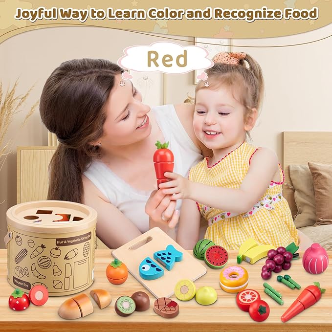 Wooden Play Food Sets for Kids Kitchen Accessories, Pretend Toy Food Velcro Fruit and Veggies Cutting Food Toy Set, Play Food Montessori Toys for 3 4 5 6 7 8 Boys and Girls Gift