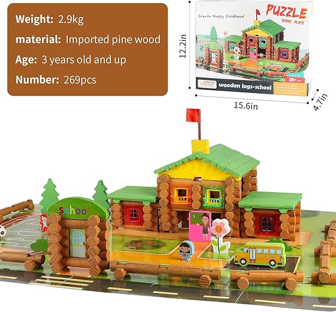 Wondertoys 269 Pieces Real Wood Logs Set Ages 3+, Classic Building Log Gift Set for Boys/Girls– Creative Construction Engineering - Top Blocks Game Kit - Preschool Education Toy