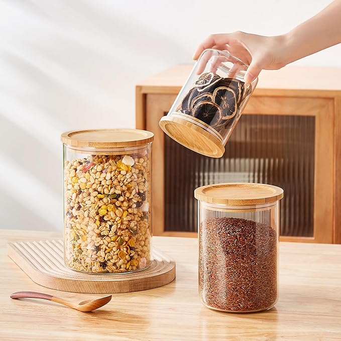 Glass Storage Containers with Wooden Lids, Airtight Jar for Kitchen Countertop Set of 3, Pantry Flour and Sugar Canisters for Candy, Cookie, Rice, Coffee Beans, Snacks, Spices