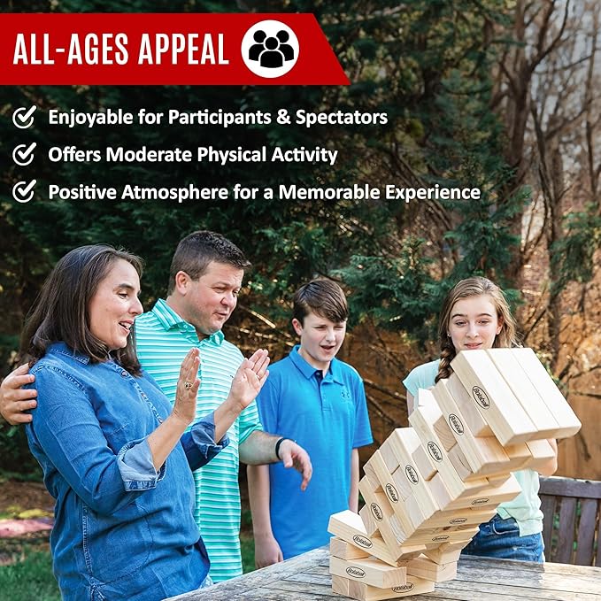Giant Timber Tower, Outdoor Games Combo, 45 Giant Tumbling Blocks, 28 Giant Dominoes, and 6 Giant Dice, Classic Block Giant Outdoor Game for All Age Groups (Timber Tower)