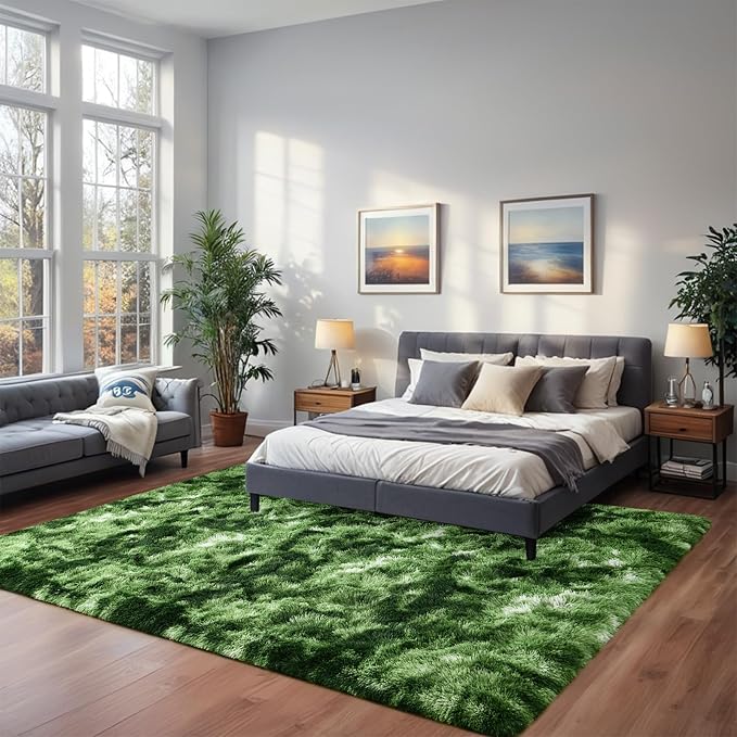Nuttumico Large Fluffy Area Rug, 6x9 Feet Modern Indoor Carpets for Living Room Bedroom, Plush High Pile Tie-Dyed Dark Green Rug for Girls Kids Playroom Classroom Nursery Home Decor