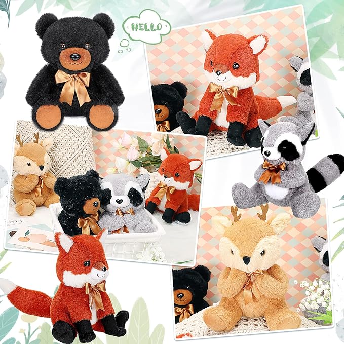 Woodland Stuffed Animal Jungle Animal Toy Set Including Plush Elk Fox Raccoon Black Bear Realistic Toy Woodland Forest Animals Mini Plush Wild Animals Toys