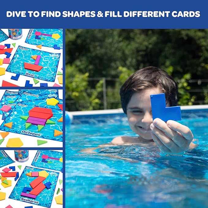 Aqua Blocks Pool Diving Game- Set Includes 40 Multi-Shape Sinking Toys,18 Challenge Cards w 3 Difficulty Levels, Mesh Storage Bag- Kids Swimming Activity Game- Outdoor 4th of July Summer BBQ Party Fun