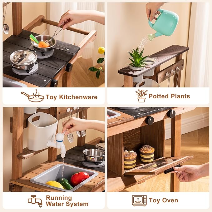 ROBUD Mud Kitchen for Kids Outdoor with Wheels, Wooden Outdoor Play Kitchen, Kids Mud Kitchen with Removable Sink & Faucet, Monteeori Toys for Children Ages 3+ Years, WG403