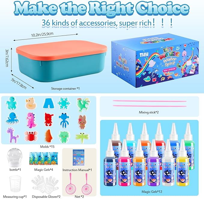 Aqua Fairy Water Gel Kit, Magic Water Elf Toy Kit, Toys Gifts for 3-12 Year Old Boys Girls Kids, Craft Kit with 12 Colors Magic Gel and 15 Shape Molds, Party Favors, Arts & Crafts DIY STEM Toy