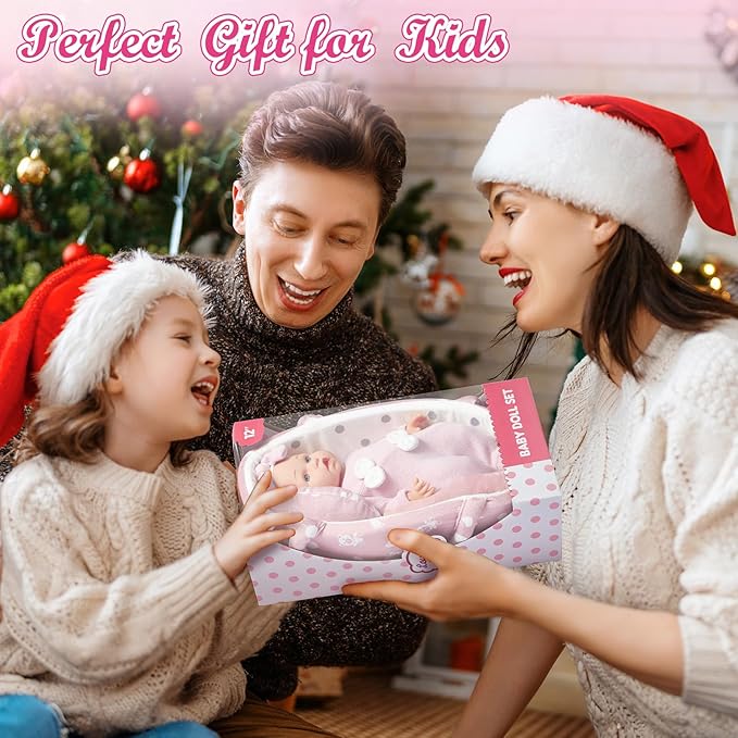 Golray 12" Soft Baby Doll Set with Accessories Bassinet Carrier, 13 Pcs First Toddlers Realistic Baby Doll Crib with Pillow/ Clothes/ Feeding Kit, Pretend Play Toy Birthday Gift for Girls Ages 3 4 5 6