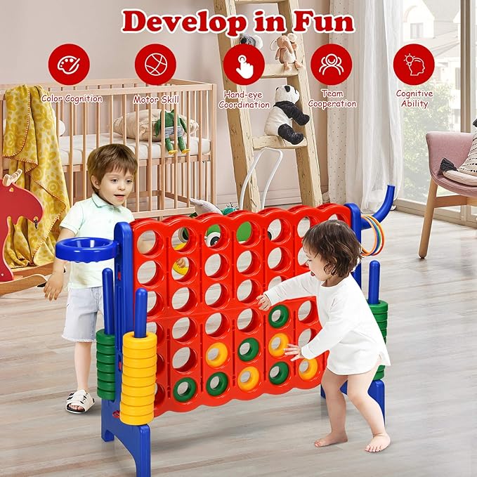 Costzon Giant 4-in-A-Row, Jumbo 4-to-Score Giant Game w/Basketball Hoop, Ring Toss, Quick-Release Slider, 42 Jumbo Rings, Indoor Outdoor Family Connect Game for Kids & Adults, Backyard Games, Blue