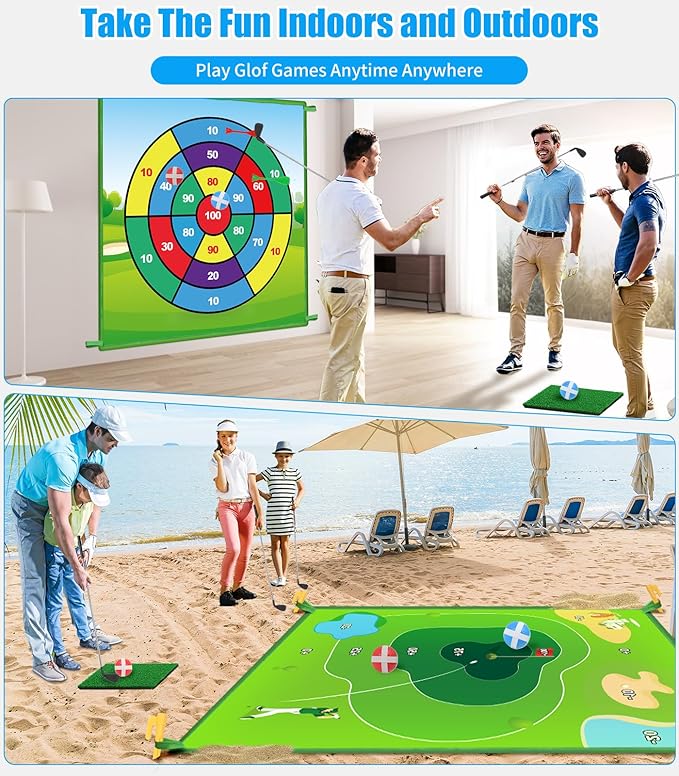 Golf Chipping Game Mat: 70"x70" Double-Sided 2in1 Golf Hitting Mat, Golf Chip and Practice Set with Stick Ball&Dart for Backyard Indoor Outdoor Family Battle Game, Christmas Ideal Gift for Kids Adults