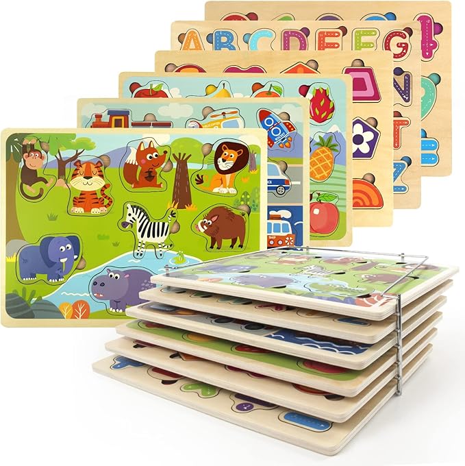 Wooden Puzzles for Toddlers with Storage Rack, WOOD CITY Toddler Puzzles Ages 3-6 for Kids, Learning Preschool Wood Puzzle for Boys and Girls-6 Pack Alphabet Number Shape Fruit Animal Vehicle