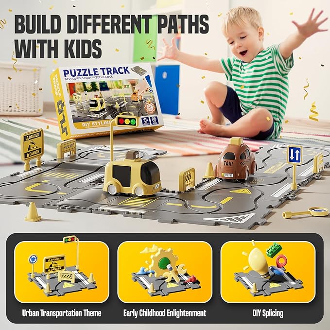 Large Puzzle Race Car Track Set for Toddlers Kids, Puzzle Tracks Car Play Set, Race Tracks Toys for Toddler Boys 3 4 5 6 Year Old Car Track Toys Birthday Gifts for Boys Age 3-5 4-6