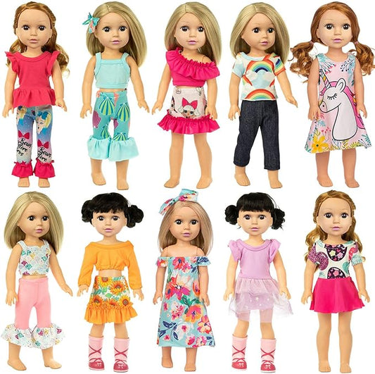 Ecore Fun 10 Sets 14.5 Inch Doll Clothes Outfits Dresses Pajamas Hair Clips for 15 Inch Girl Dolls