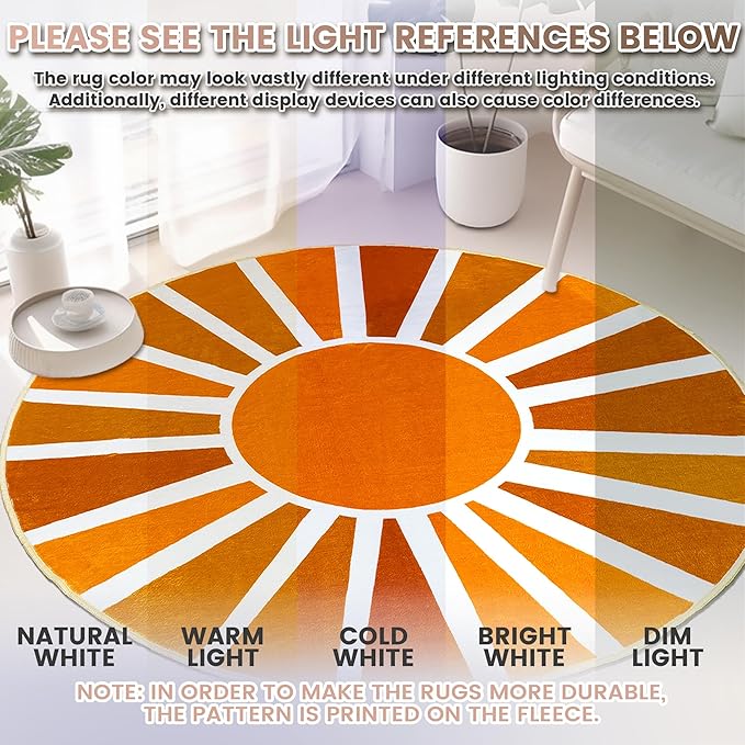 Washable 5Ft Round Sun Rug for Living Room, Brown Sun Modern Abstract Boho Circle Area Rugs, Ultra-Thin Low Pile Lightweight Indoor Carpet Mat with Non-Slip Backing for Bedroom Kids Nursery Playroom