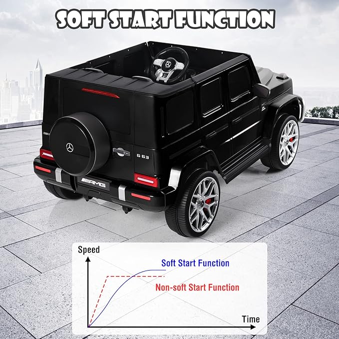 OLAKIDS 12V Kids Ride On Car, Licensed Mercedes Benz G63 Electric Vehicle with Remote Control, Double Open Doors, Music, Bluetooth, 2 Speeds, Wheels Suspension, Battery Powered Driving Toy (Black)