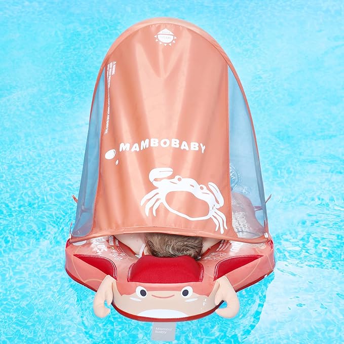 Mambobaby Float Add Tail Baby Swim Float with Canopy Solid Pool Infant Swim Trainer Swimming Training Lying Air Free Water Floats Non-Inflatable Waist Swim Ring for Toddlers (Crab)