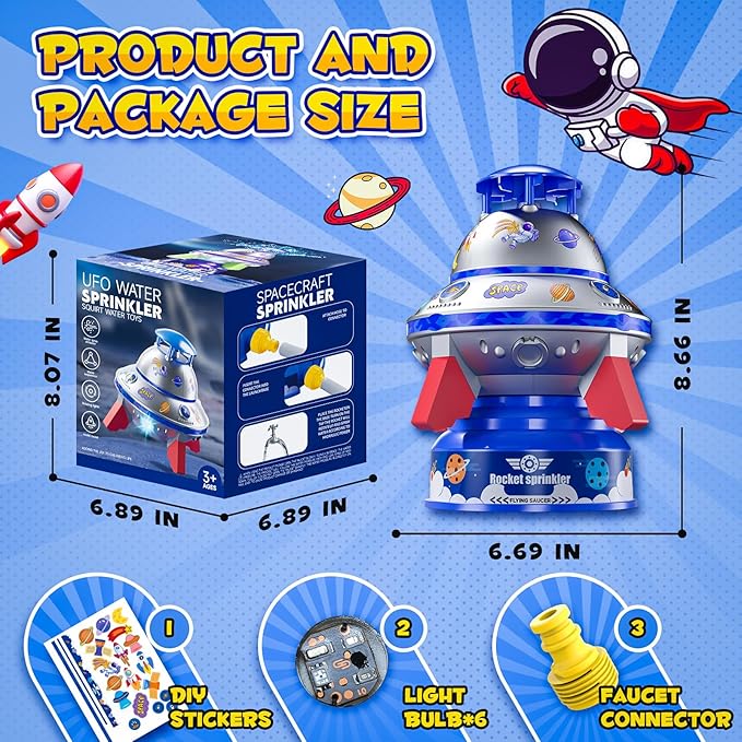 Outdoor Water Sprinkler Toys for Kids, Summer Water UFO Spaceship Rocket Sprinklers Launch Toys with Light, Ideal Holiday Backyard Lawn Yard Game Birthday Gift for Boys Girls 3 Years and Up (Blue)