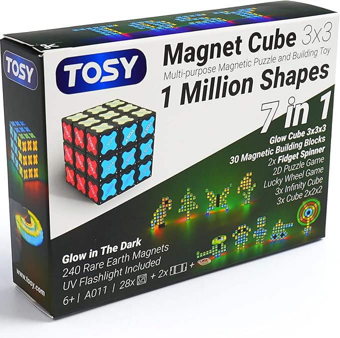 TOSY Magnet Cube 3x3 - 240 Magnets, 30 Blocks, 7 in 1 Toy: Puzzle Cube Game, Creative Building Blocks, Transformable Fidget Spinner, Infinity Cube, Magnet Tiles, UV Flashlight, Glowing STEAM Toy