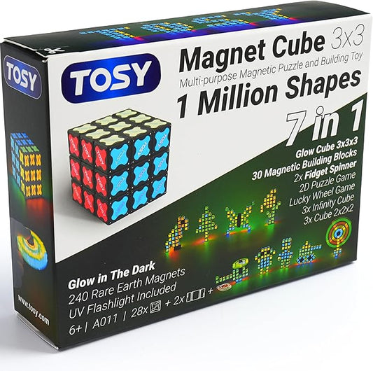 TOSY Magnet Cube 3x3 - 240 Magnets, 30 Blocks, 7 in 1 Toy: Puzzle Cube Game, Creative Building Blocks, Transformable Fidget Spinner, Infinity Cube, Magnet Tiles, UV Flashlight, Glowing STEAM Toy