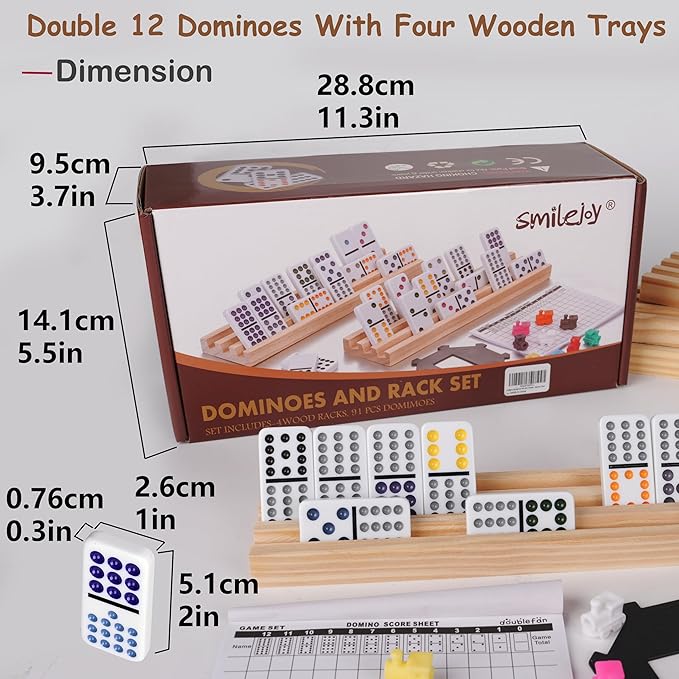 Smilejoy Mexican Train Dominoes Set with Colorful Dot- Double 12 Dominos Set for Adults-Classical Board Game for Elderly, 4 Wooden Rack,91 Tiles, 9 Plastic Trains, Octagon Hub (2-8 Player)