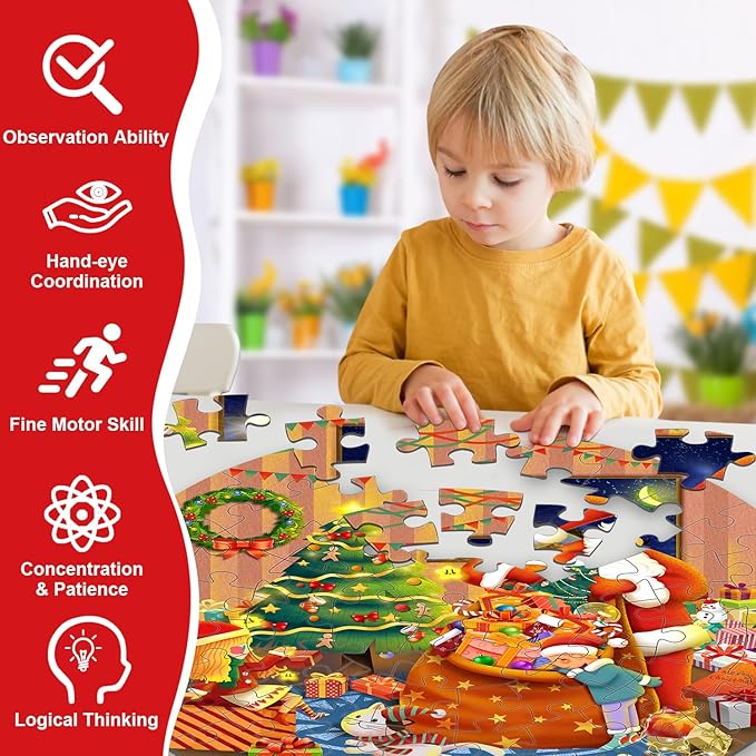 Christmas Floor Puzzles for Kids Age 4-8 & 8-10, 70Pcs Large Jigsaw Puzzles, Learn Educational Toys - Xmas Gifts for Boys & Girls