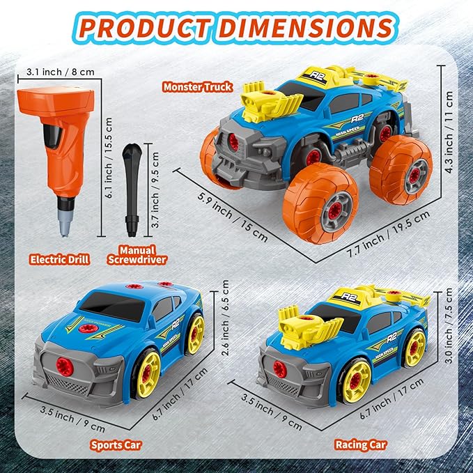 Pup Go 3-in-1 Take Apart Car for Boys with Electric Drill, 46Pcs Construction Toy Truck, Build Your Own Toy Car with Play Tools, Ideal STEM Present for Kids Children Ages 3 4 5 6 7 8 9 Year Old Blue