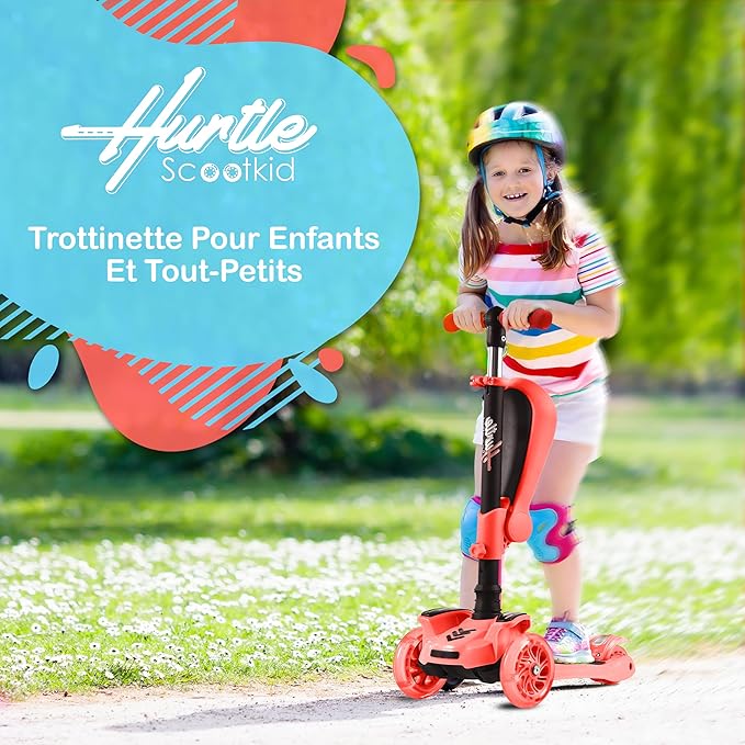 Hurtle 3-Wheeled Scooter for Kids - Wheel LED Lights, Adjustable Lean-to-Steer Handlebar, and Foldable Seat - Sit or Stand Ride with Brake for Boys and Girls Ages 1-14 Years Old
