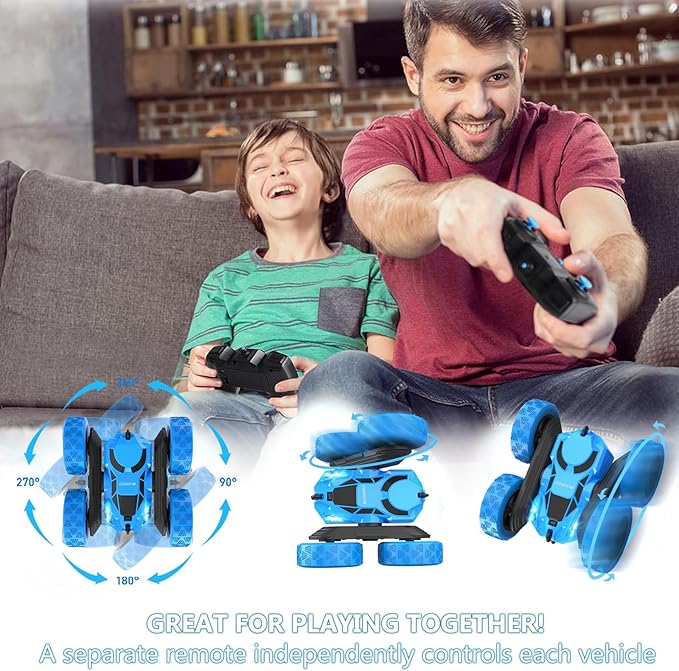 cosone Remote Control Car for Kids - RC Cars Boy Toys 4WD 2.4Ghz Double Sided 360° Rotating Rechargeable All Terrain Remote Car with LED Lights, Kids Boys Ideas - Blue