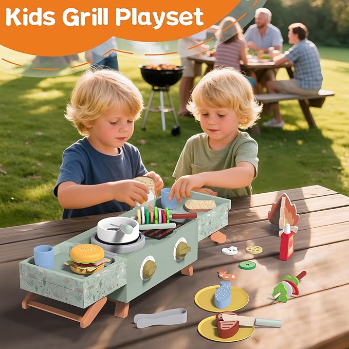 Wooden Kids Grill Playset, Barbecue Kitchen Toy Set for Kid Cooking, BBQ Grill Play Set with Sound Simulation Outdoor Camping Cooking Toys Birthday Gift for Boys Girls