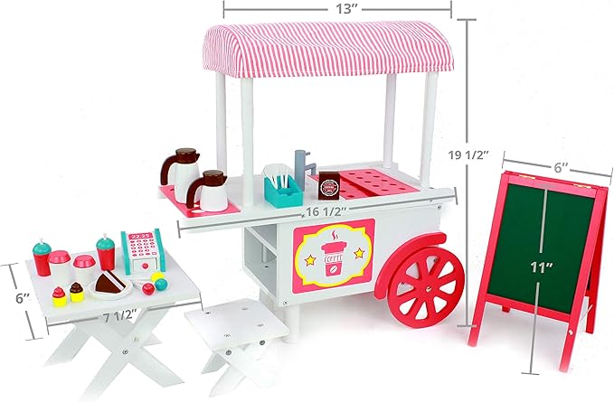 Playtime by Eimmie 18 Inch Doll Furniture Café Food Cart Set - Wooden Playset with Accessories, Fits American, Generation, My Life & Similar 14”-18” Dolls