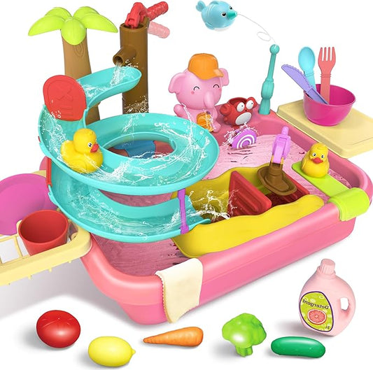 Play Sink with Running Water, 4-in-1 Water Table Toy with Slide Track, Magnetic Fishing Game Floating Toys for Water Play for Kids Toddlers 1-3 3-8 (Pink)