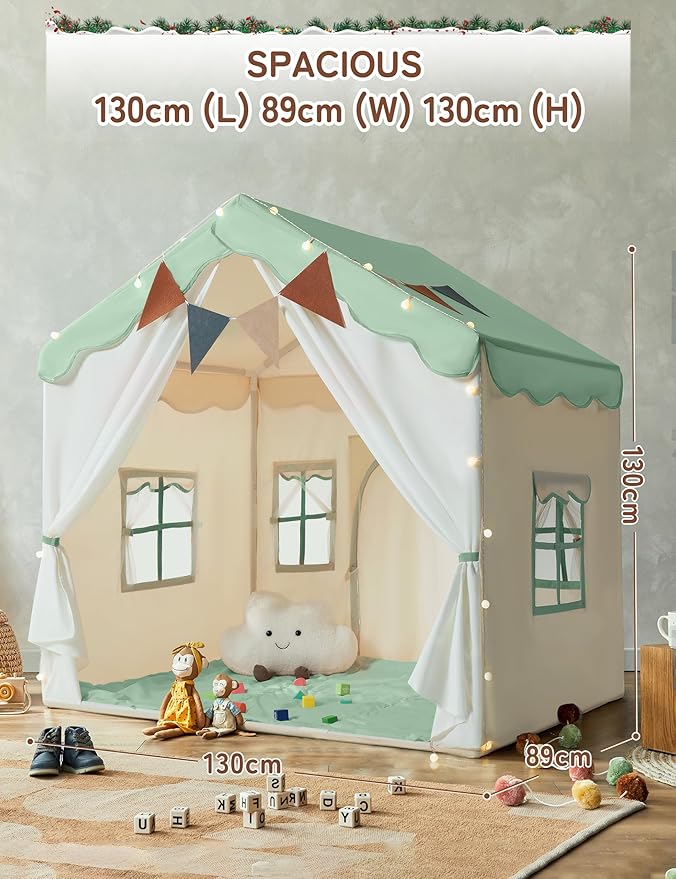 BESREY Kids Play Tent - 2 in 1 with Padded Mat & Lights, Large Playhouse with 2 Doors & 4 Windows, Indoor & Outdoor, Christmas Toddler Play Tent, 51" x 35" x 51