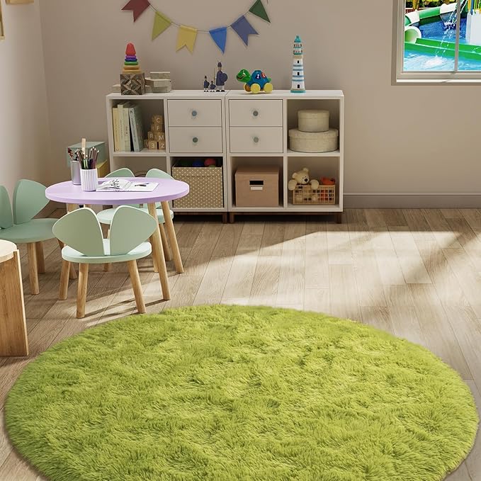 LOCHAS Luxury Round Fluffy Area Rugs for Bedroom Kids Girls Room Nursery, Super Soft Circle Rug, Cute Shaggy Carpet for Children Living Room, 5x5 Feet Green
