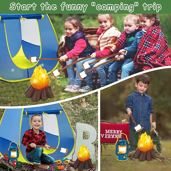 MITCIEN Kids Camping Set with Campfire, Play Tent , Binoculars, Oil Lantern, Toddlers Pretend Cutting Fruits, Marshmallow, Camping Toys Play Set for Boys Girls 3-5 Year Old and Up Indoor Outdoor Toys