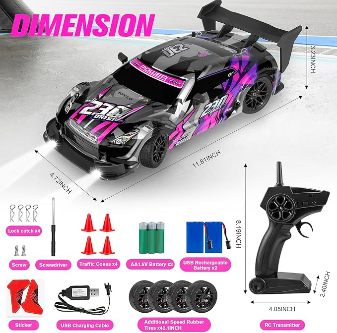 RC Drift Car, 1:16 Scale Drifting RC Cars, 2.4GHz 4WD RC Race Car, 40km/h High-Speed Remote Control Drift Car Vehicle, Racing Sport for Boys Girls Kids - 2 USB Rechargeable Batteries (Purple)