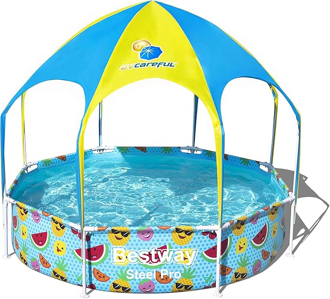 H2OGO! Kids Splash-in-Shade 8-Foot Round Steel Frame Above Ground Pool with Water Mister and Canopy Sunshade, Green Tropical Leaf Print